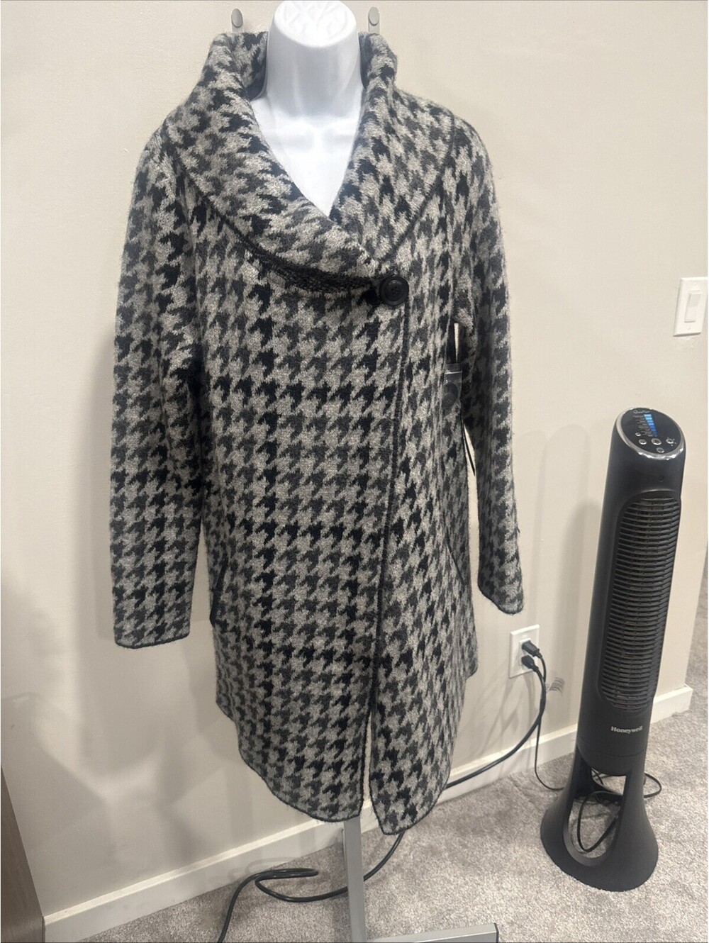 TAHARI Womens Houndstooth Draped Collar Knit Coat Jacket Size Small Gray Black